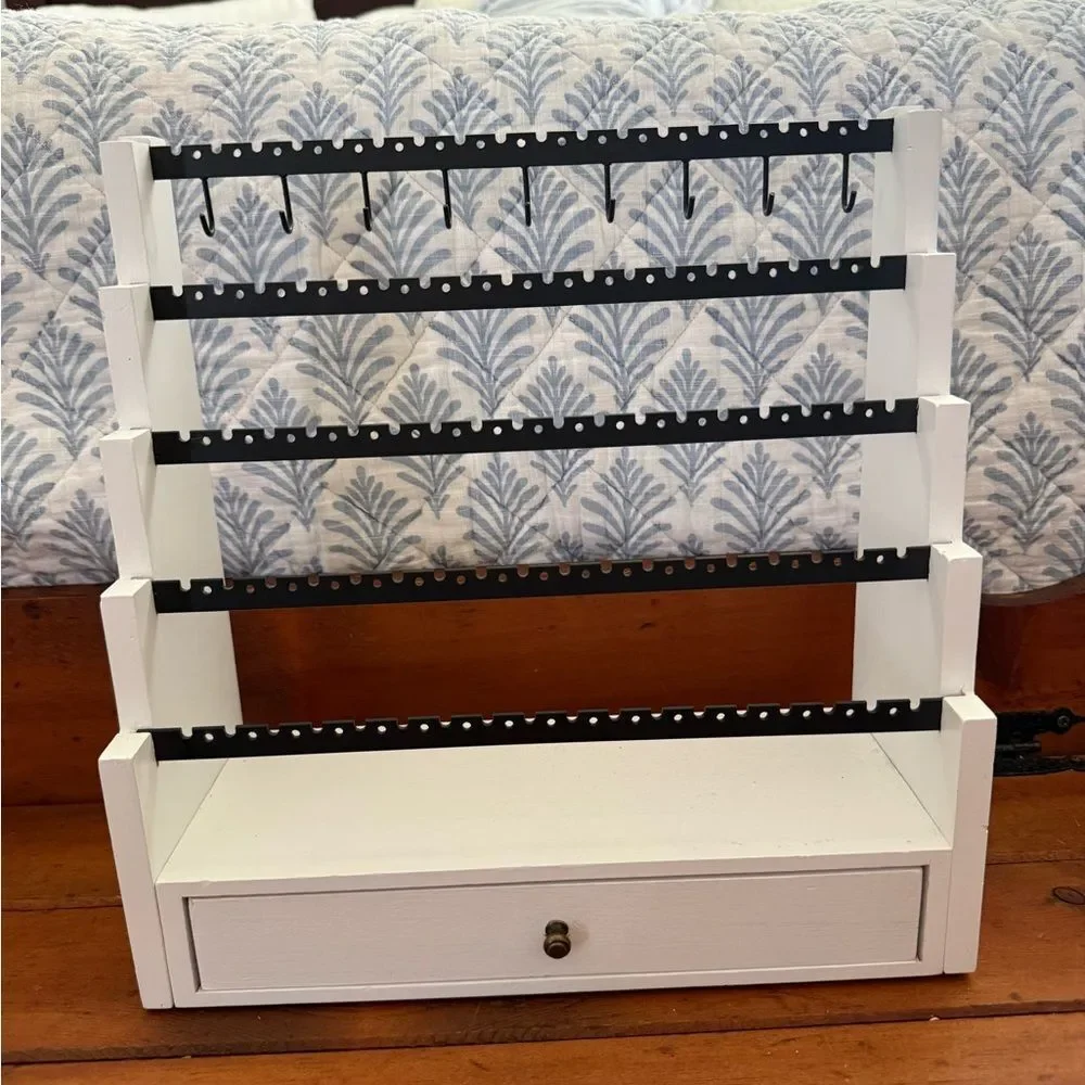 Wooden Jewelry Organizer Stand with Drawer - White and Black